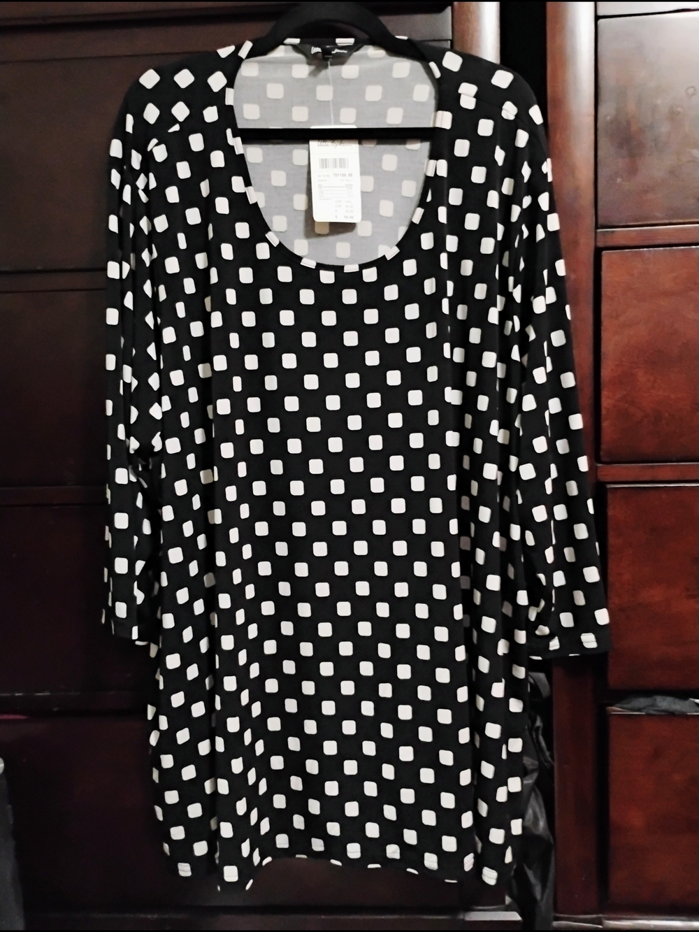 Ulla Popken Black Scoop Neck Top with White Square Print